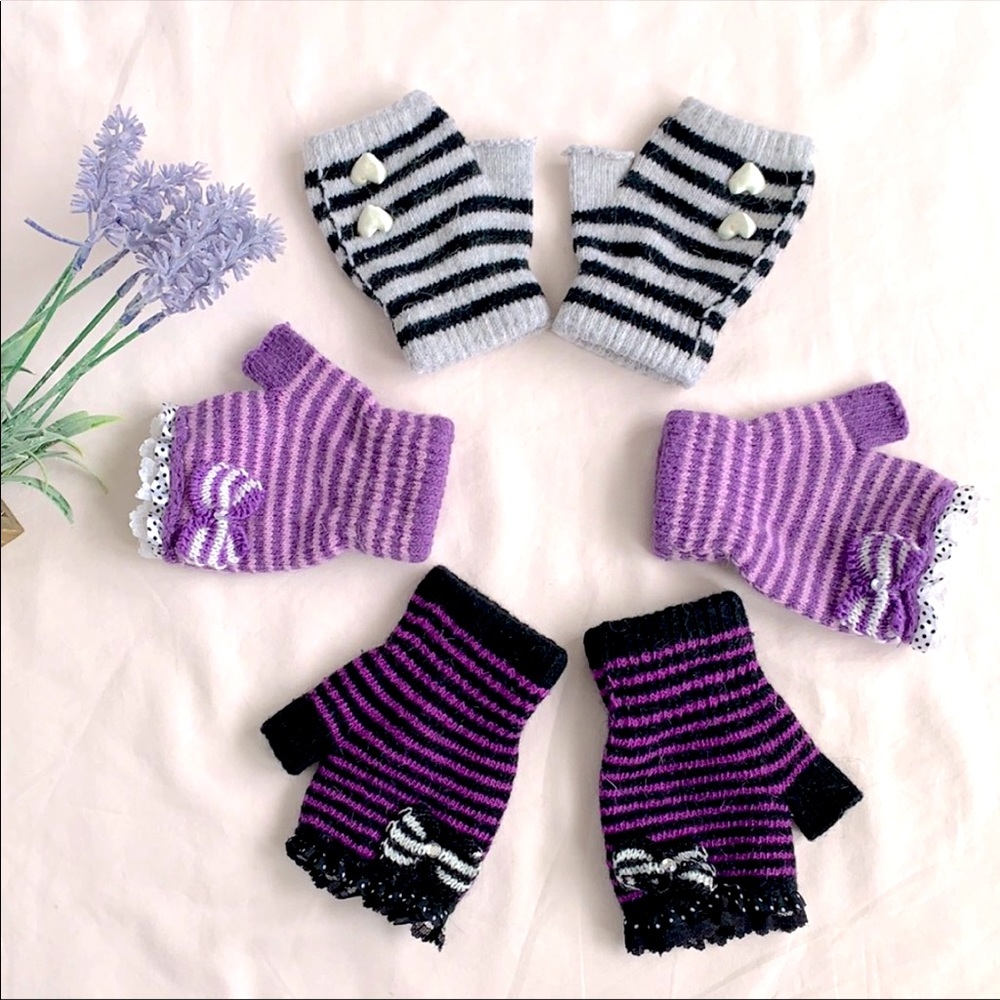 Fingerless gloves, one size, grey/black/purple, set of 3